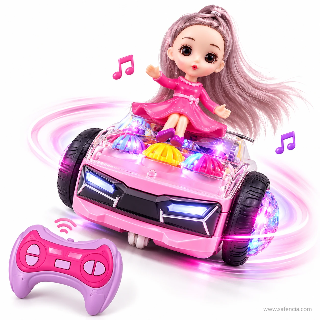 Pink doll balance car spinning with light trails around it and music notes in the air, the doll's hair swinging out