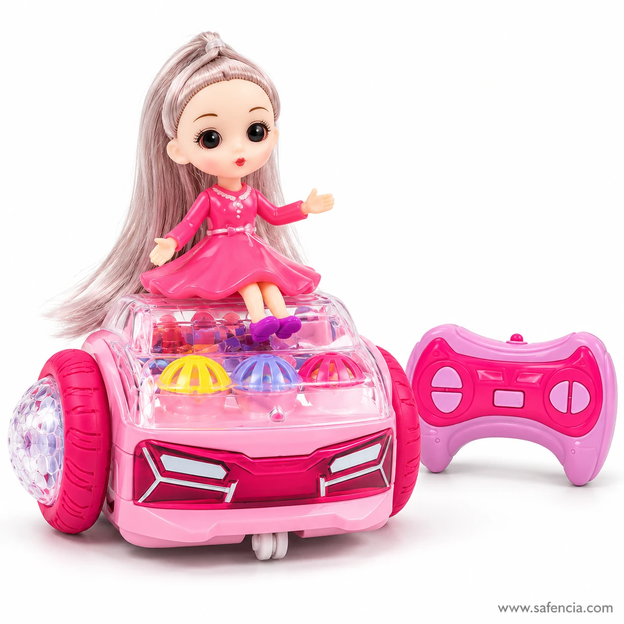 Pink doll balance car with a doll in a pink dress and pale pink ponytail, pink wheels and a matching pink remote control