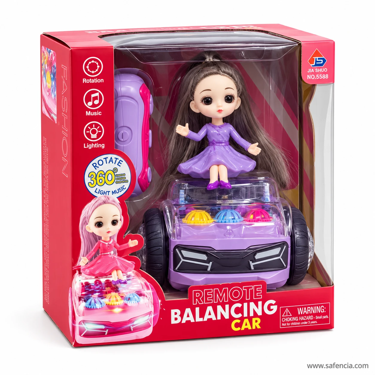 Purple doll balance car inside its red Remote Balancing Car box, printed with Rotation, Music, Lighting and Rotate 360°