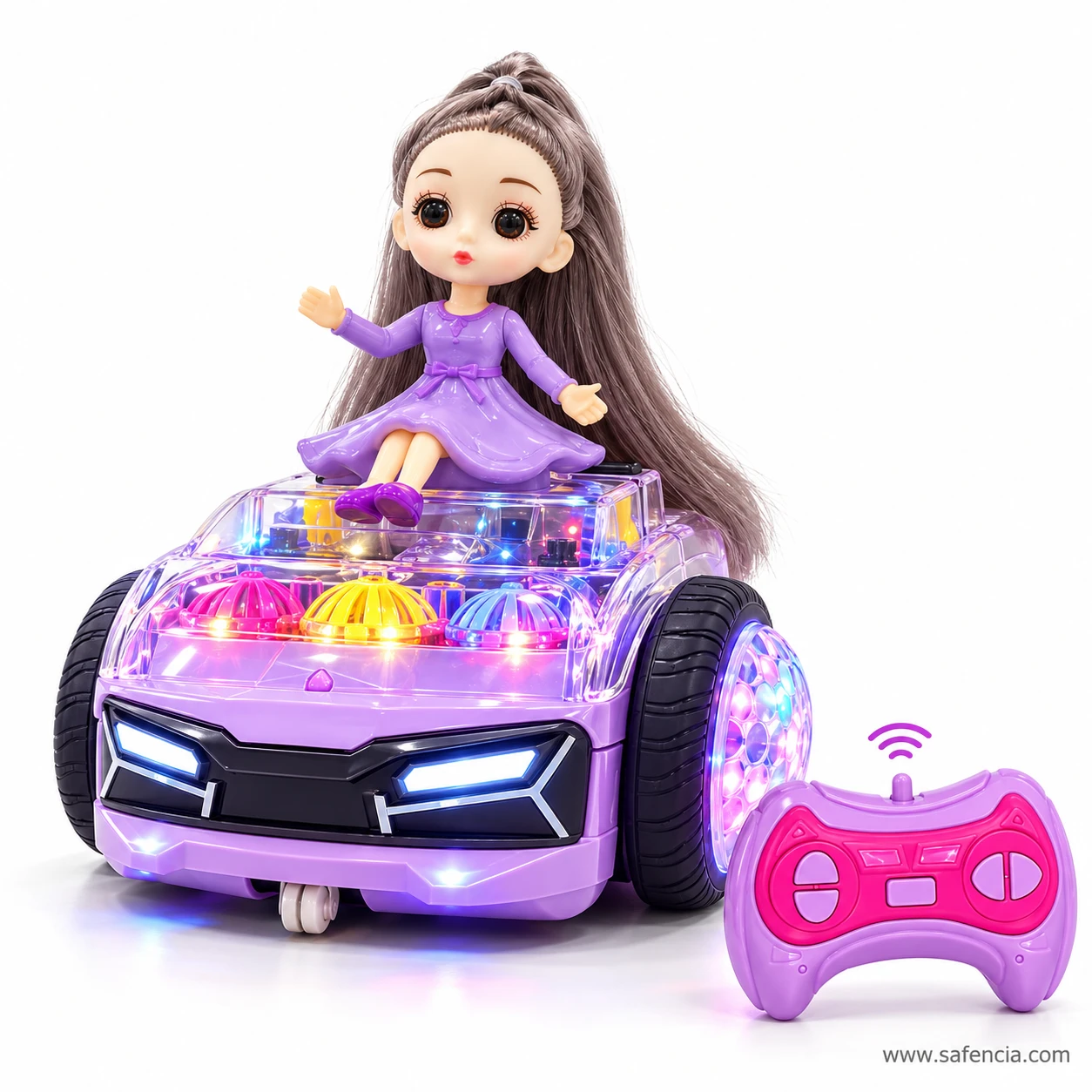 Purple doll balance car with its front light strips and inside domes lit up, next to the remote control sending a signal