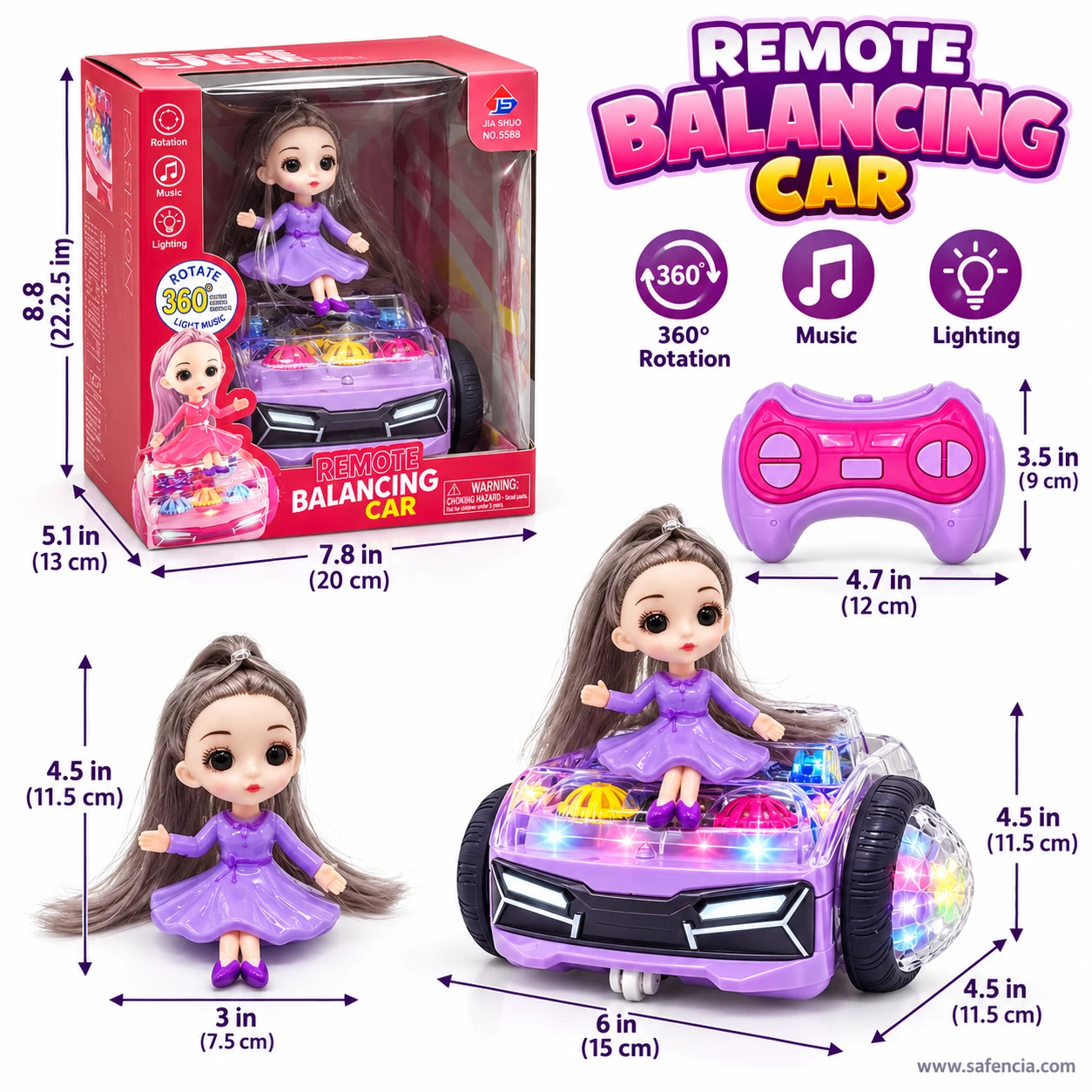 Size guide for the remote balancing car: car 15 cm long, doll 11.5 cm tall, remote 12 by 9 cm and box 22.5 by 20 by 13 cm