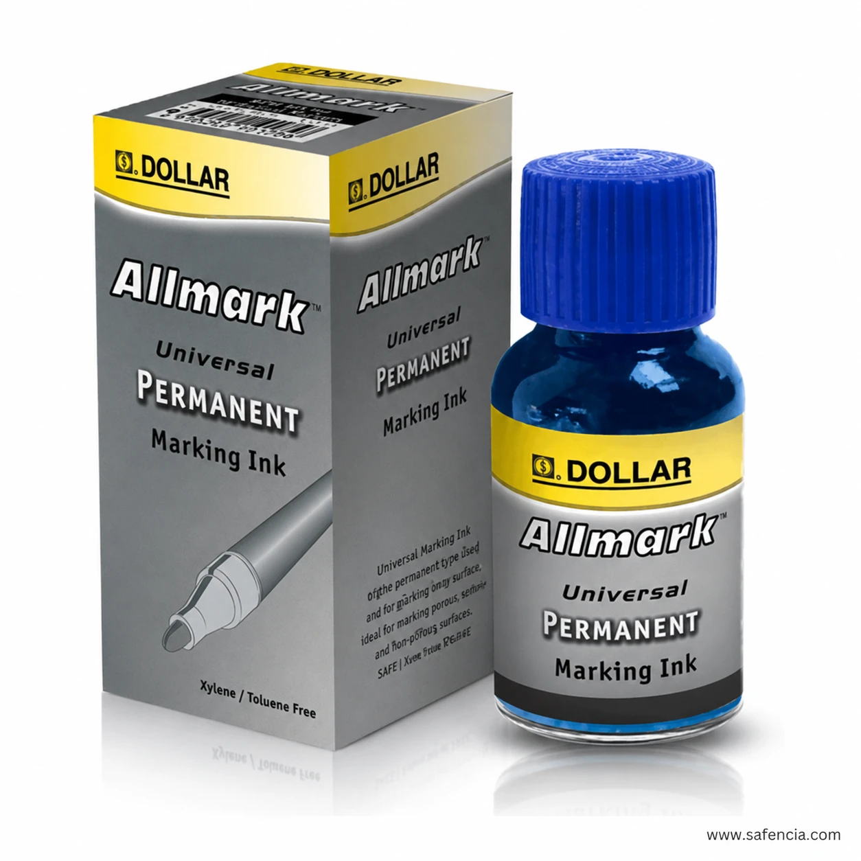 Dollar Allmark permanent marking ink blue bottle with a ribbed blue screw cap
