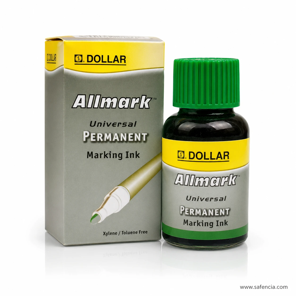 Dollar Allmark green marking ink beside the carton panel reading xylene and toluene free