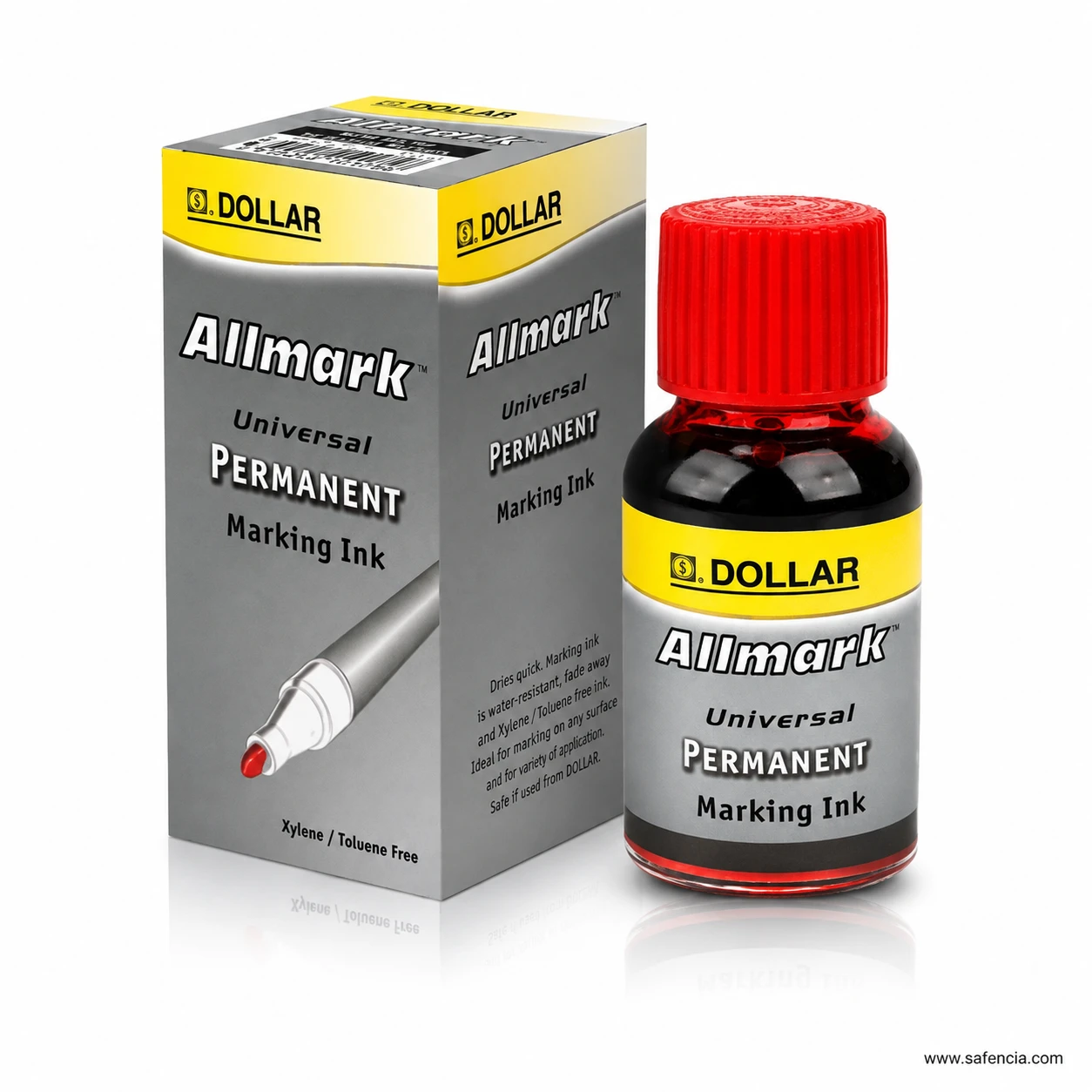 Dollar Allmark permanent marking ink red bottle with a red screw cap beside the carton