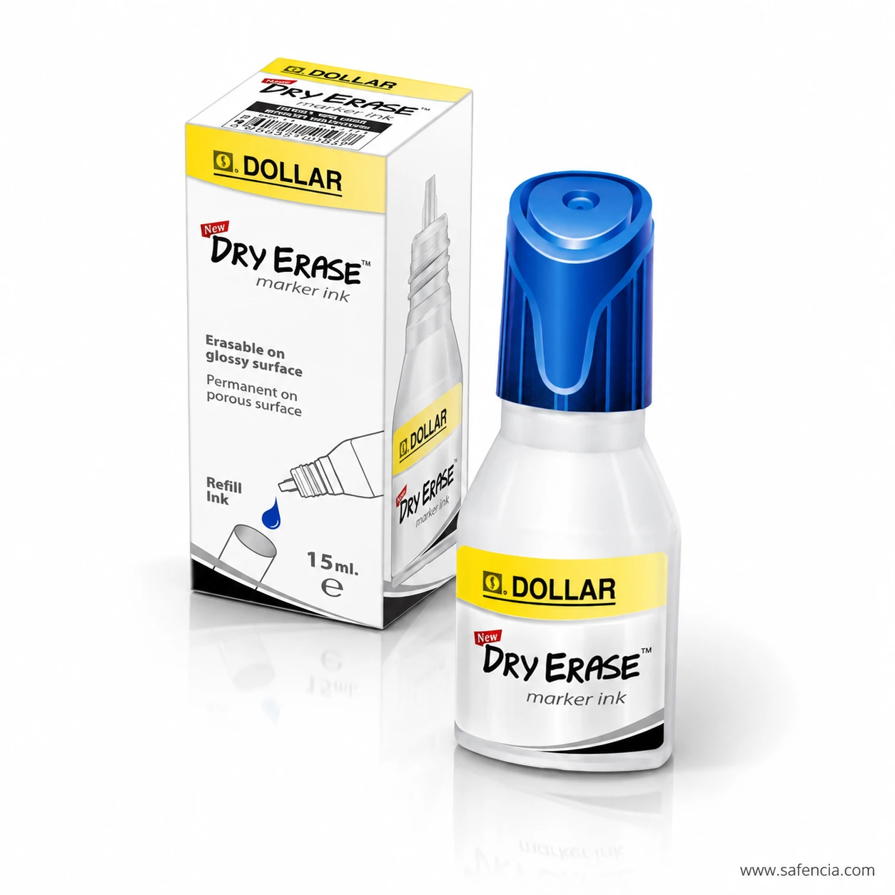 Dollar Dry Erase marker ink 15ml blue refill bottle with blue cap beside the carton