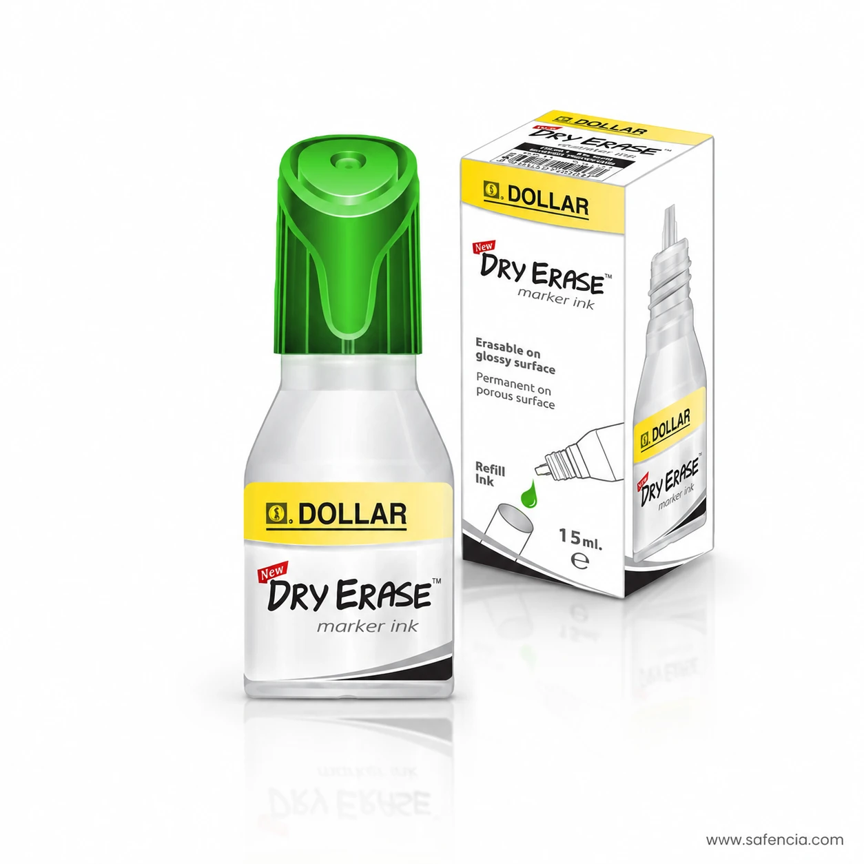 Dollar Dry Erase marker ink 15ml green refill bottle with green cap beside the carton