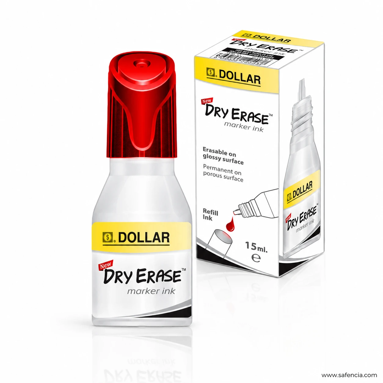 Dollar Dry Erase marker ink 15ml red refill bottle with red cap beside the carton