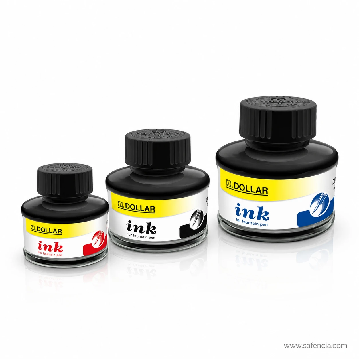 Dollar fountain pen ink range with small, medium and large bottles standing side by side