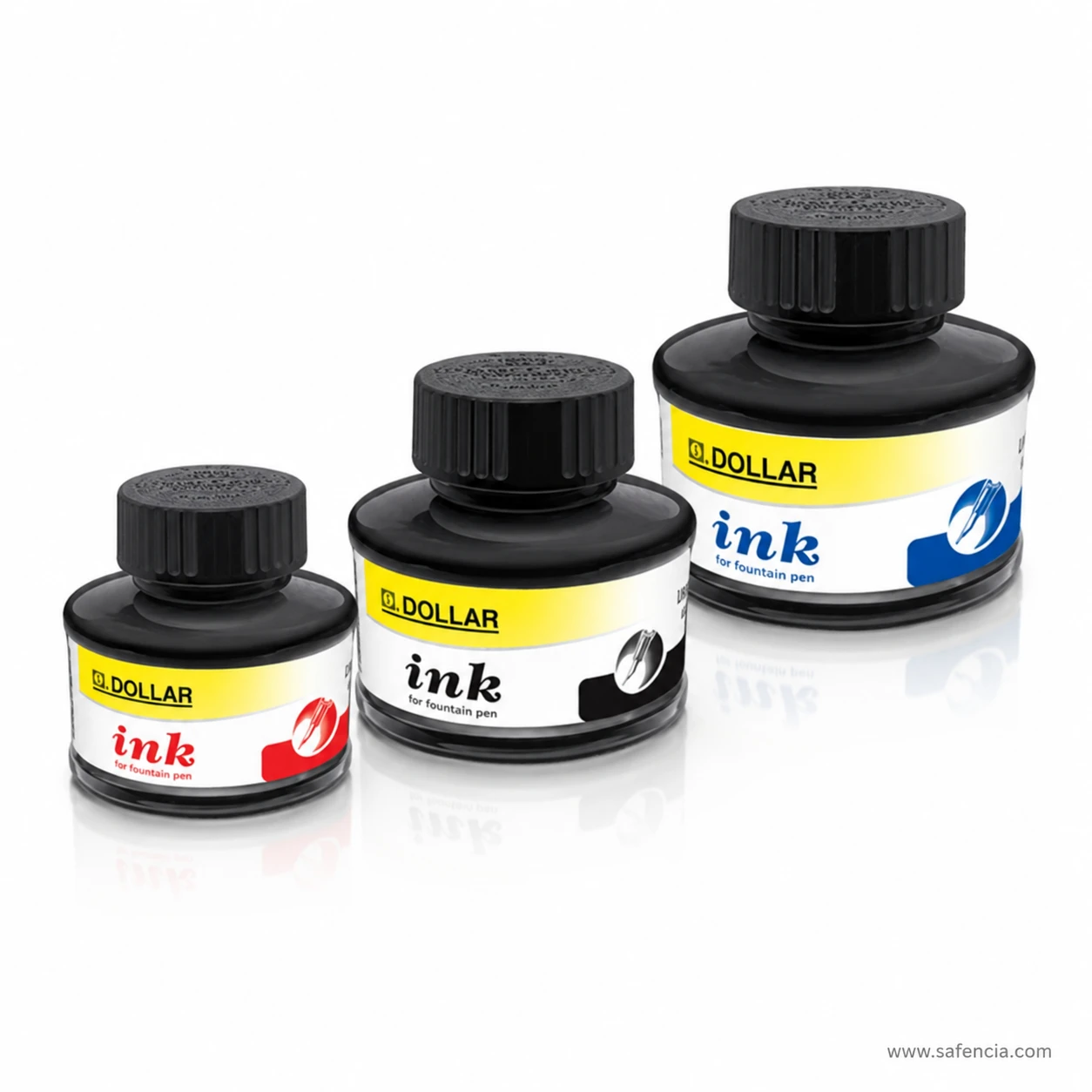 Dollar fountain pen ink jars showing the wide ribbed screw caps and squat bottle shape