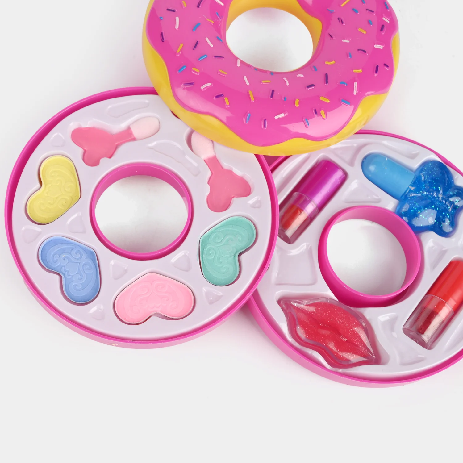 Donut Makeup Case open view - heart eyeshadows, lipstick, lip gloss and lip shapes