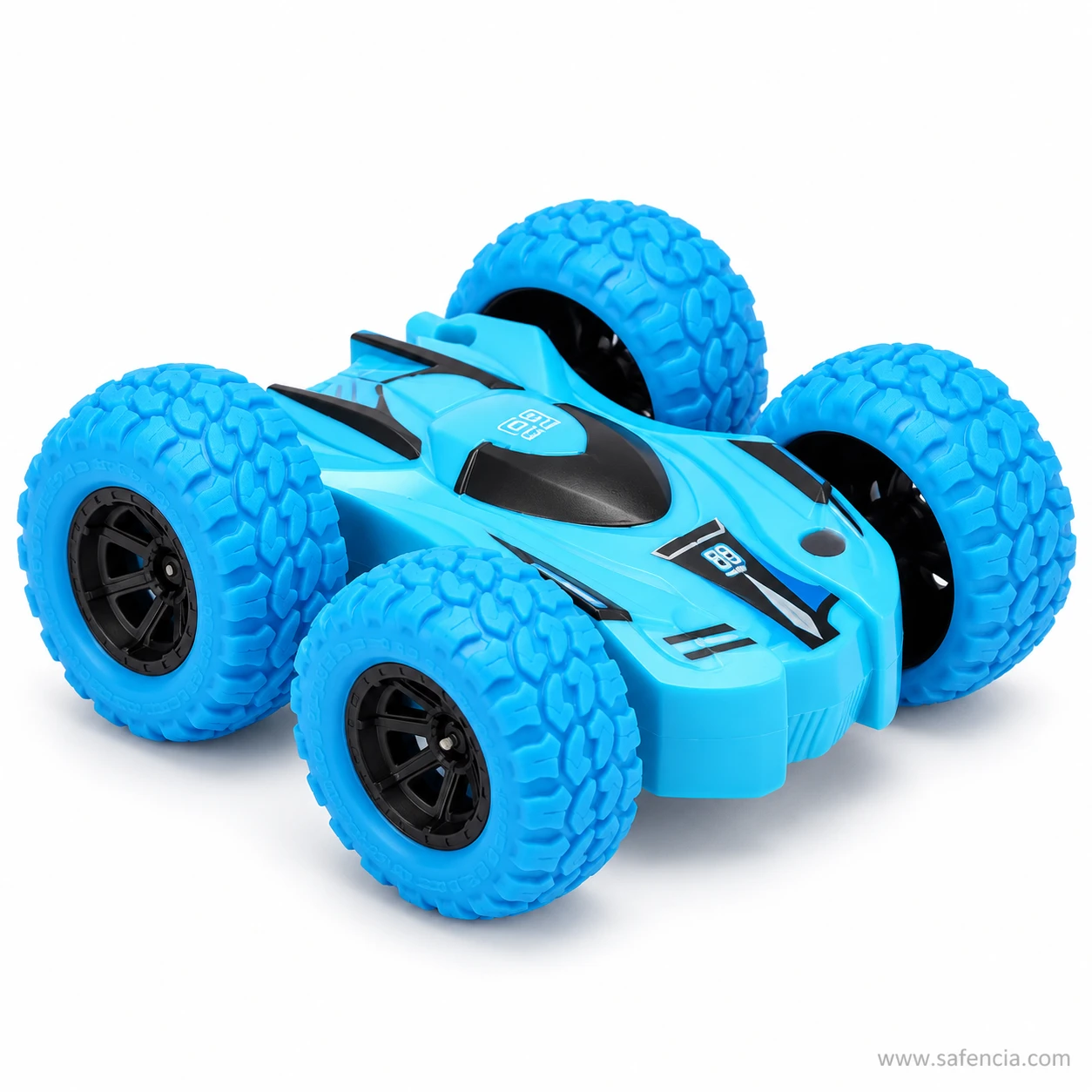 Blue double sided friction stunt car with oversized blue treaded tyres, black hubs and a black stripe down the bonnet