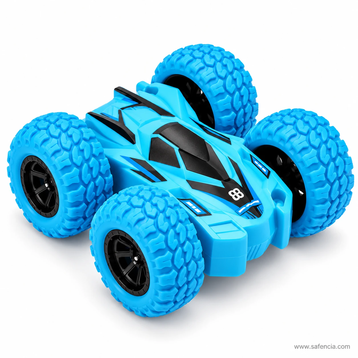 Blue double sided stunt car seen from above at an angle, showing the deep tread pattern on all four giant blue tyres
