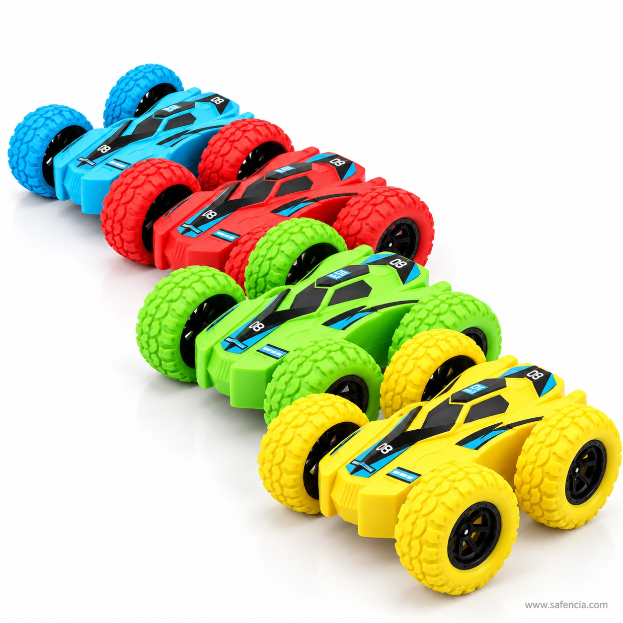 Blue, red, green and yellow double sided stunt cars lined up nose to tail on a white background, ready for a race