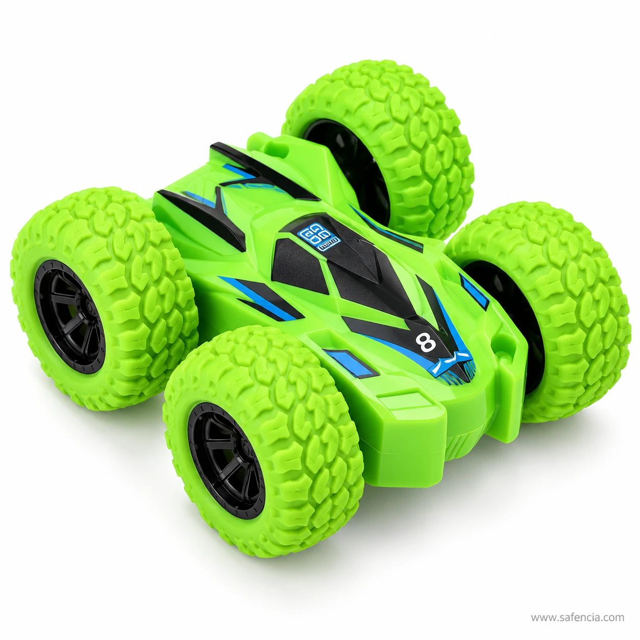 Green double sided friction stunt car with oversized lime green treaded tyres, black hubs and black and blue graphics