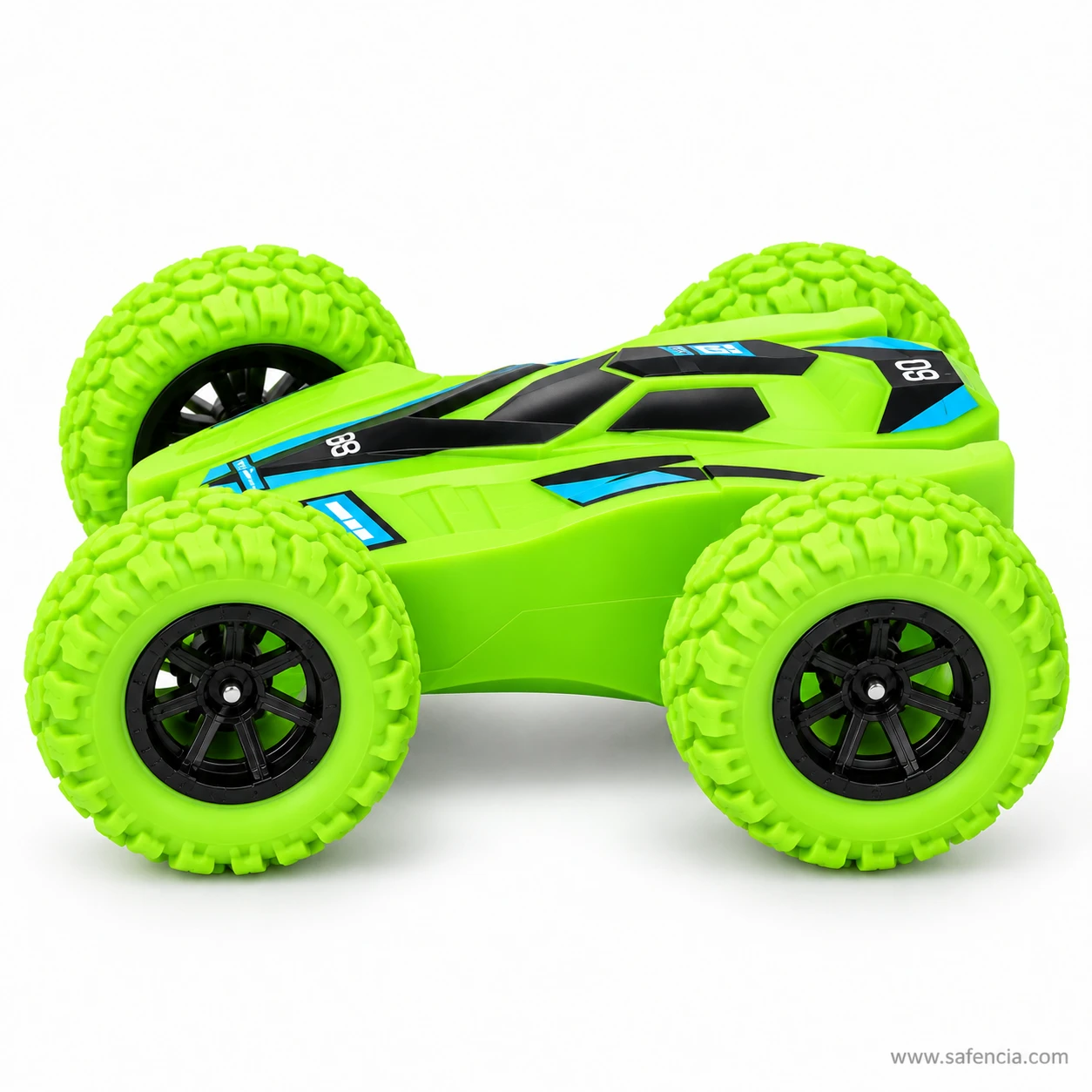 Side view of the green double sided stunt car with its low body sitting between big lime green treaded wheels
