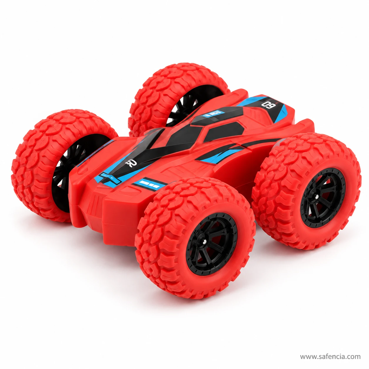 Red double sided friction stunt car with oversized red treaded tyres, black hubs and black and blue graphics on the body