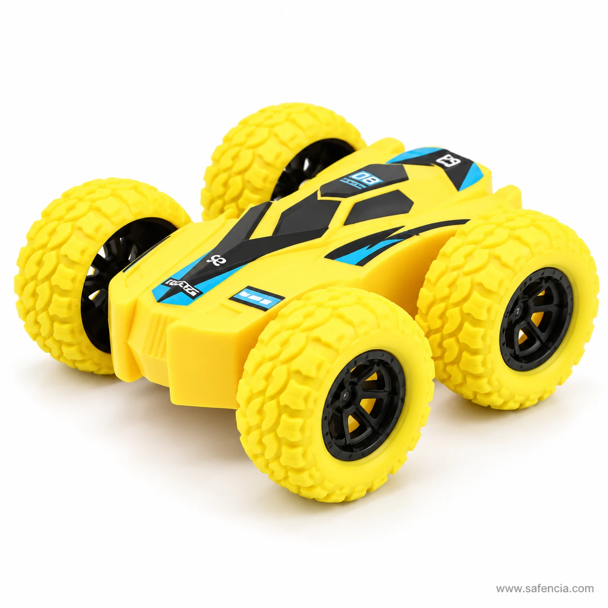 Yellow double sided friction stunt car with oversized yellow treaded tyres, black hubs and black and blue graphics