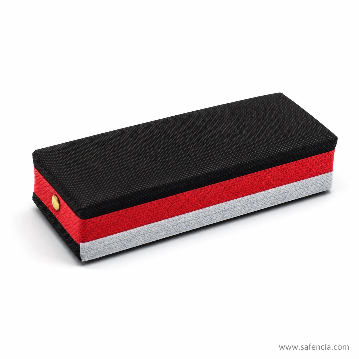 Double-sided whiteboard duster lying flat showing its full-hand rectangular size and fabric texture