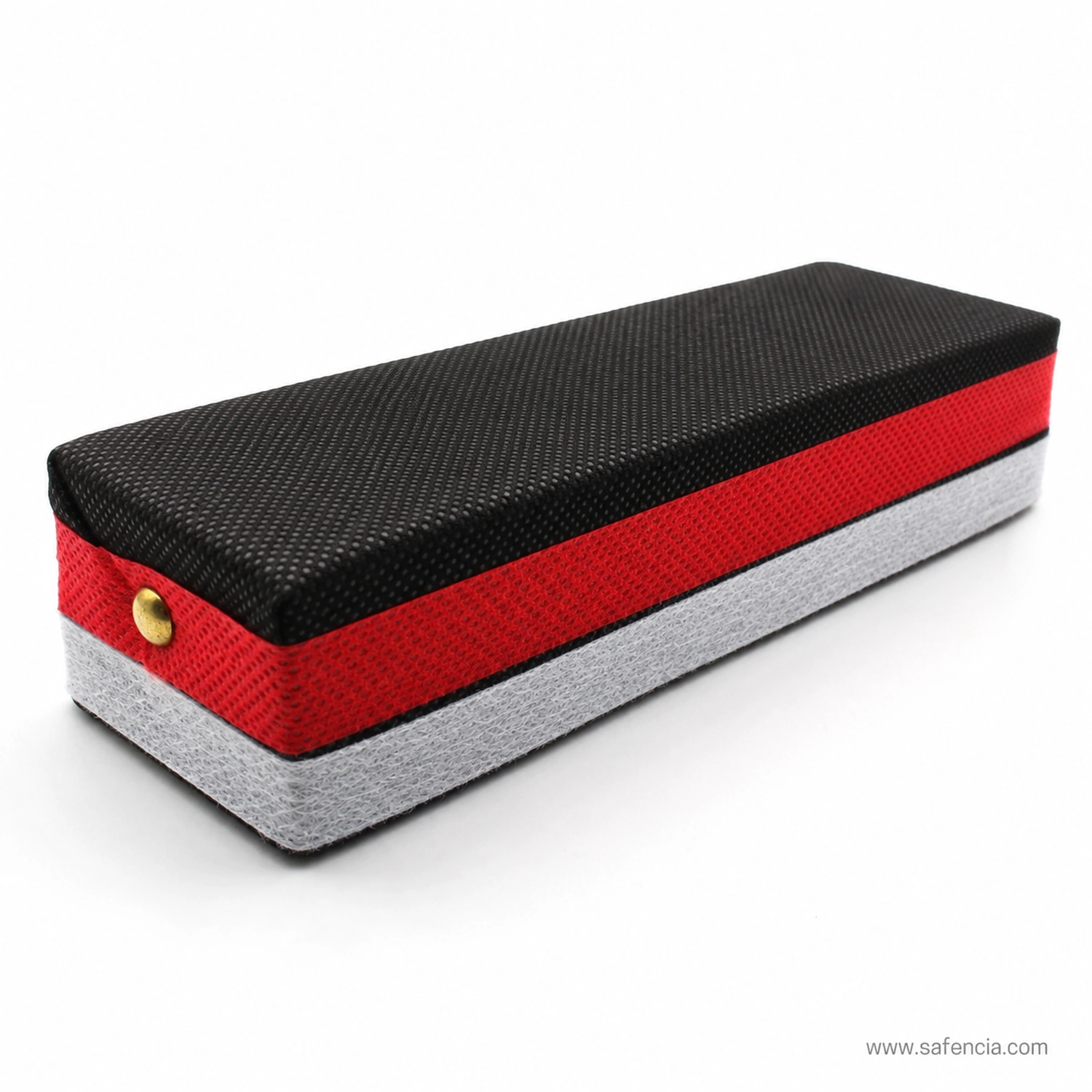 Single double-sided whiteboard duster at an angle showing the black face, red band and grey fleece face in one view