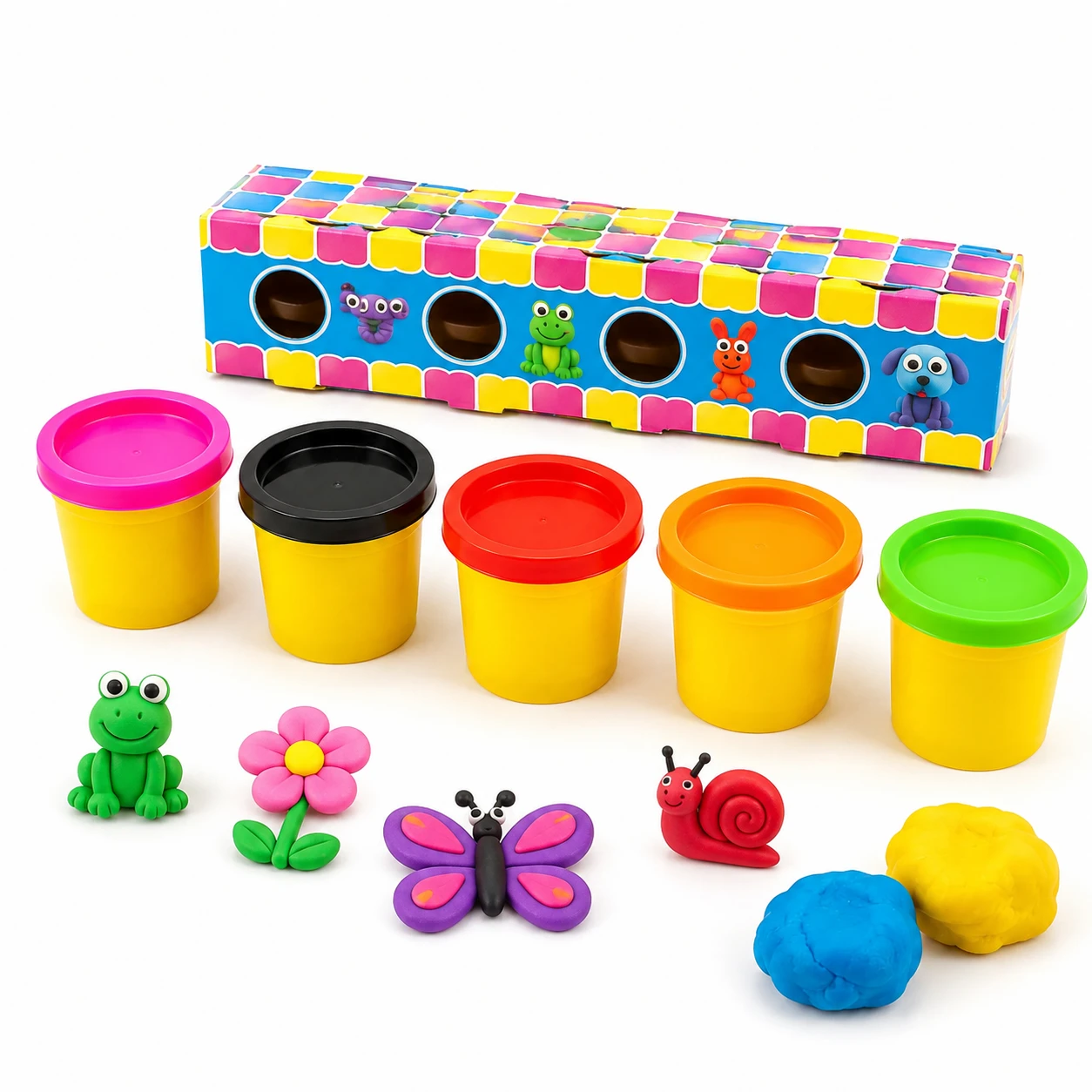 Five dough clay tubs with pink, black, red, orange and green lids beside a modelled frog and butterfly