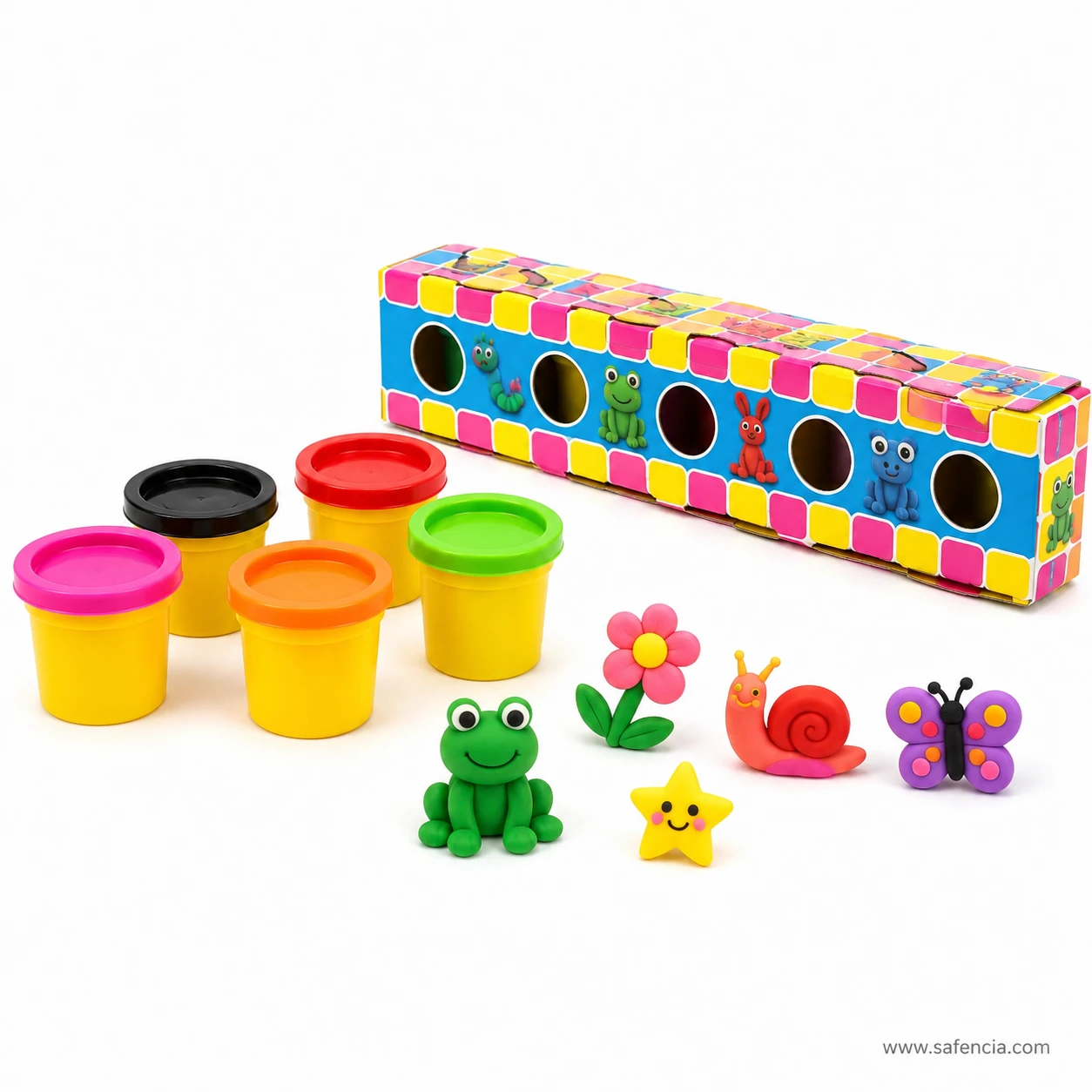 Dough clay tubs stacked beside the printed carton with a modelled frog, flower, snail and star