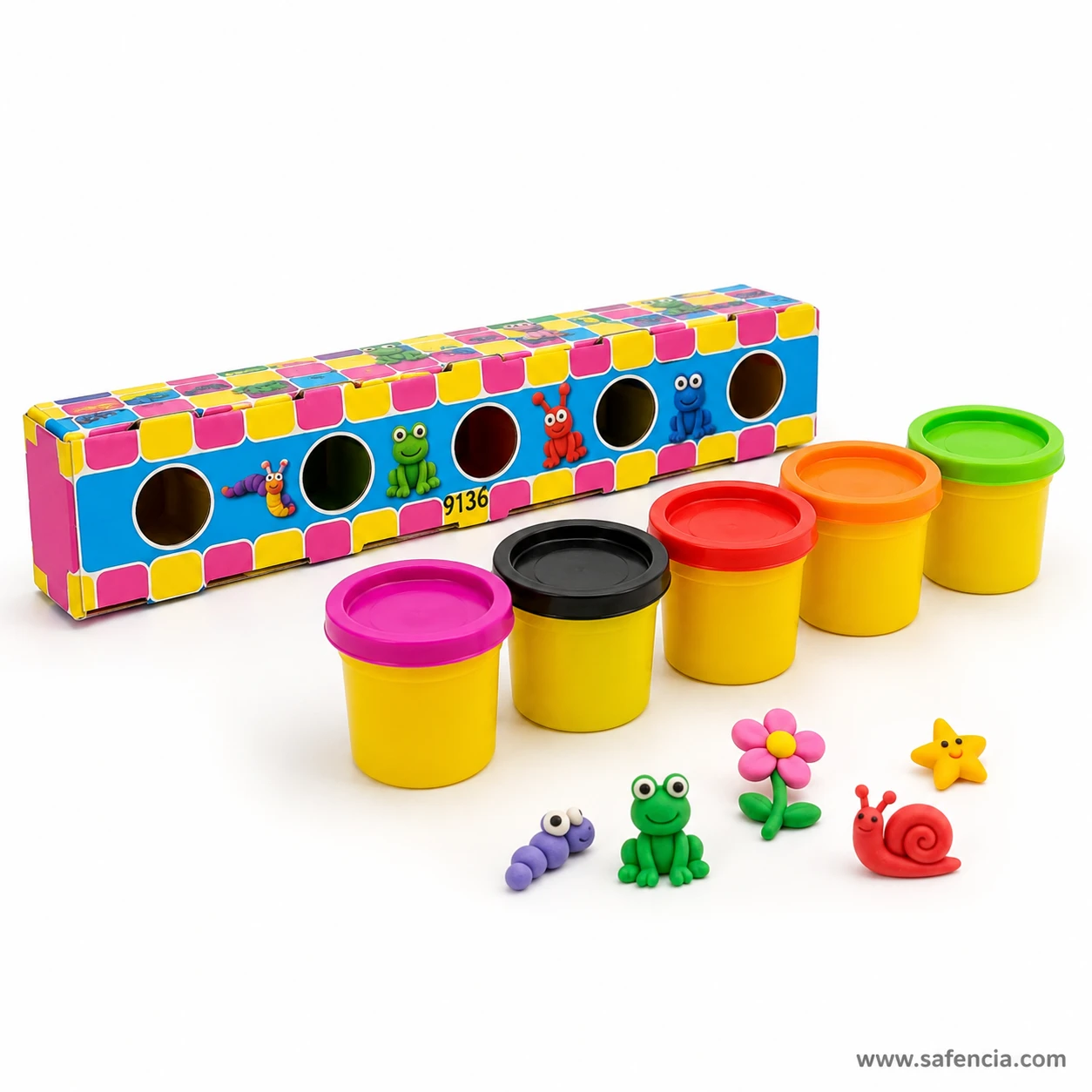 Dough clay set carton and five tubs with a modelled caterpillar, frog, flower, snail and star
