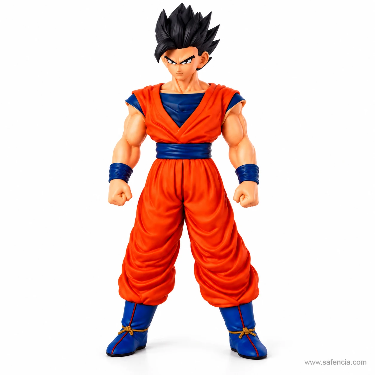 Front view of the Gohan figure showing his face, the navy undershirt under the orange gi and the knotted navy sash