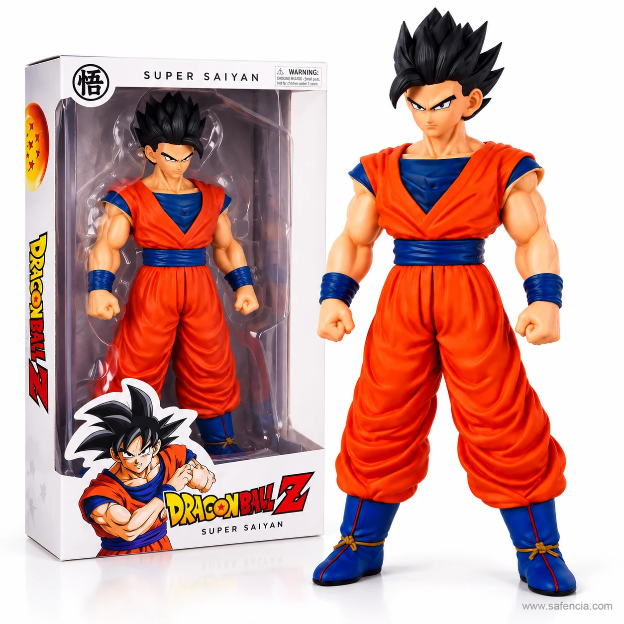 Gohan action figure standing beside its Dragon Ball Z window box, which shows the figure through a clear front panel