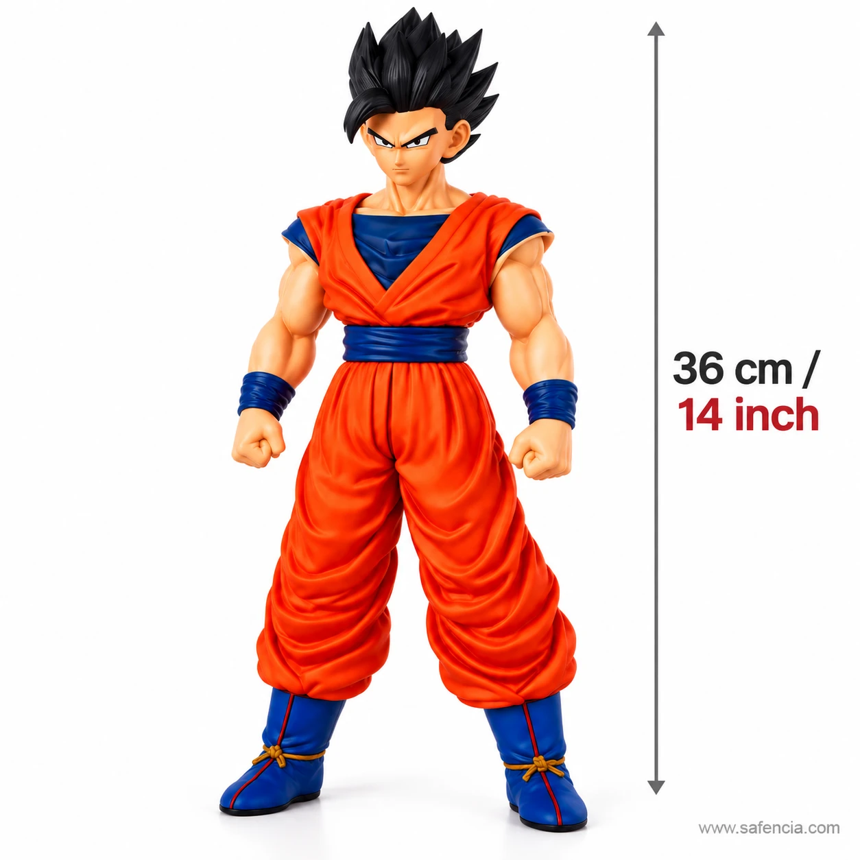 Gohan action figure with a height marker reading 36 cm and 14 inch from the boots to the top of the hair