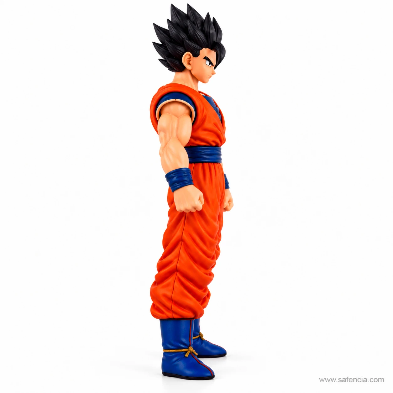 Side profile of the Gohan action figure showing the spiky black hair, single forehead lock and navy boots with gold ties
