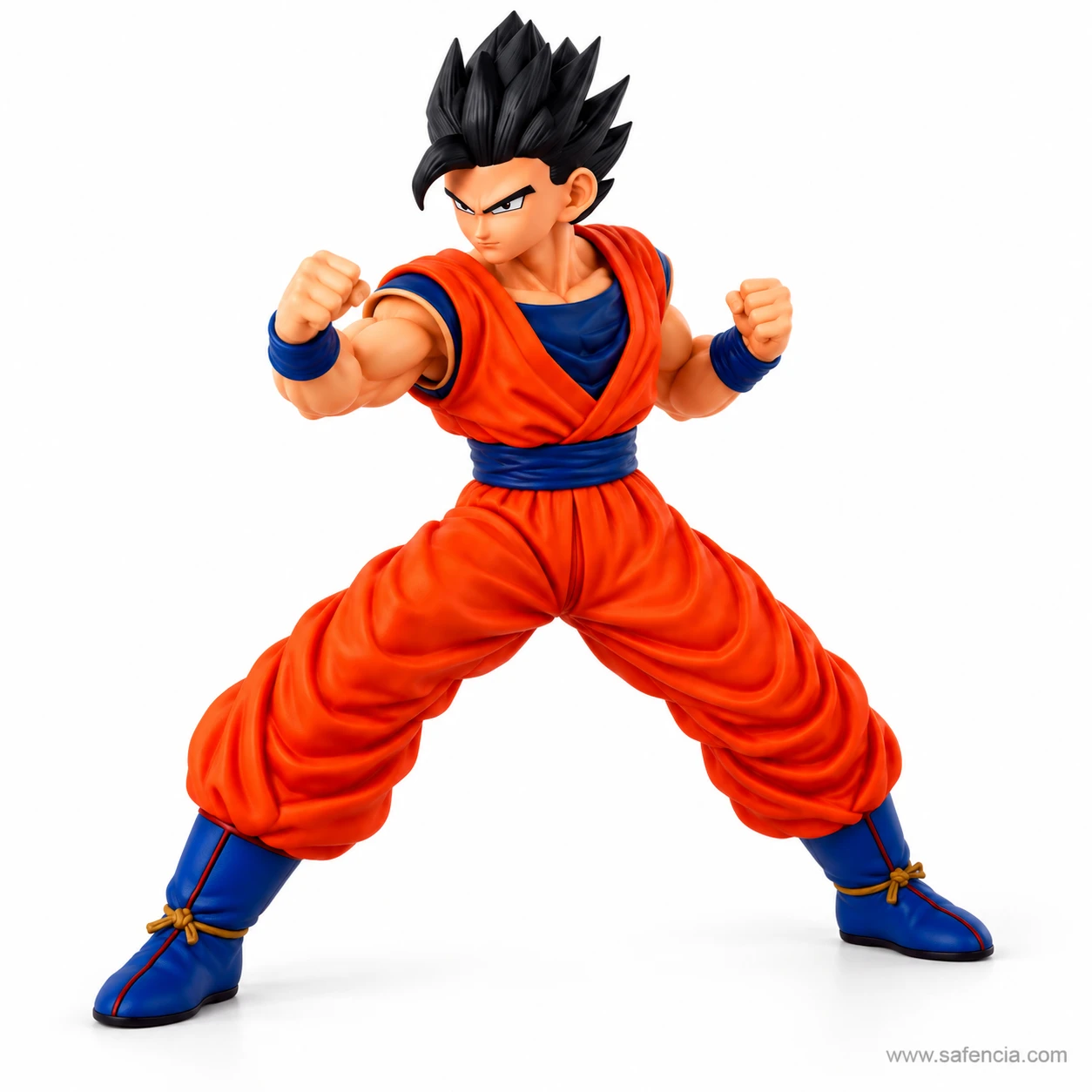 Gohan action figure posed in a wide fighting stance with both fists raised, showing the movable arms and legs
