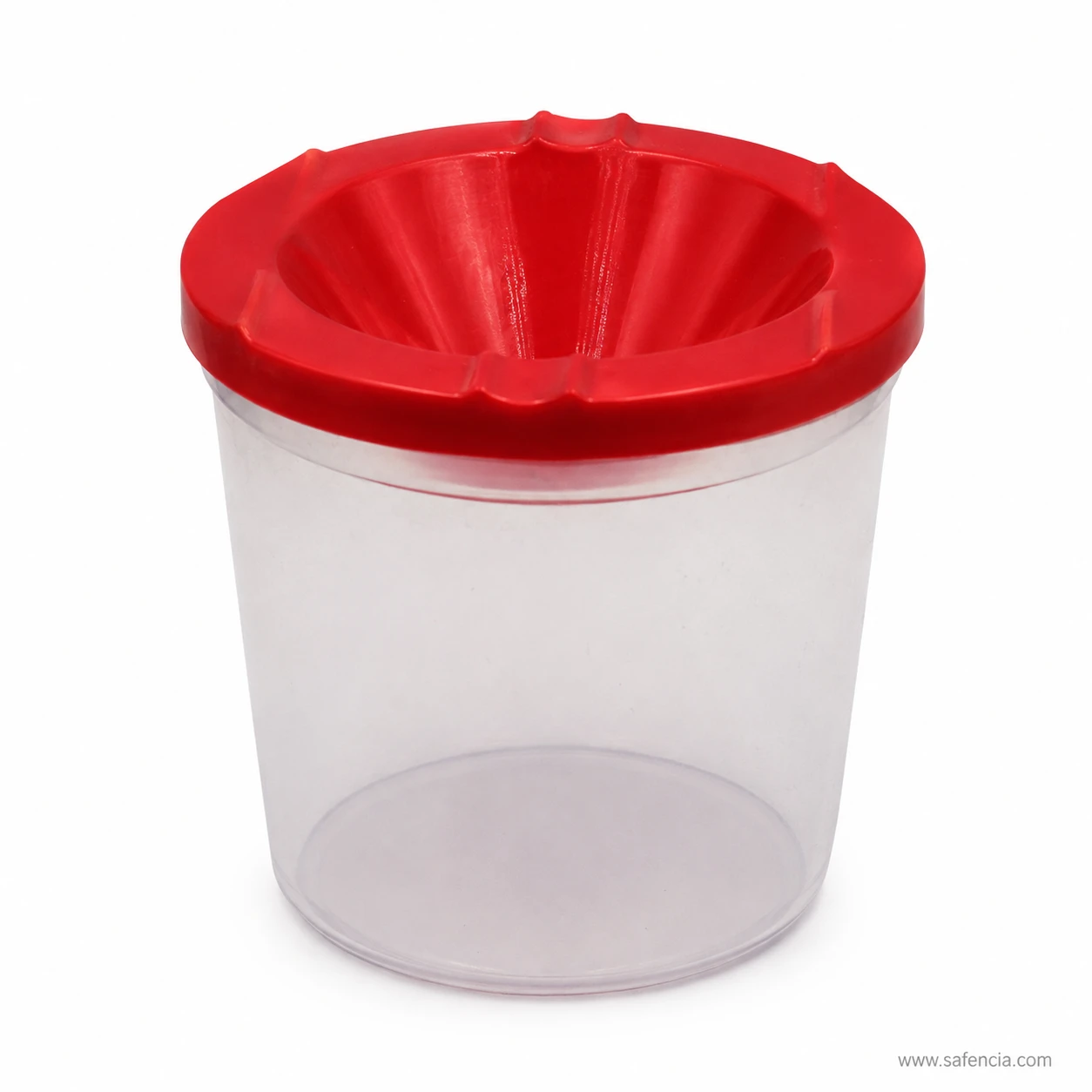 Angled view of the brush cleaning pot showing lid rim and clear body