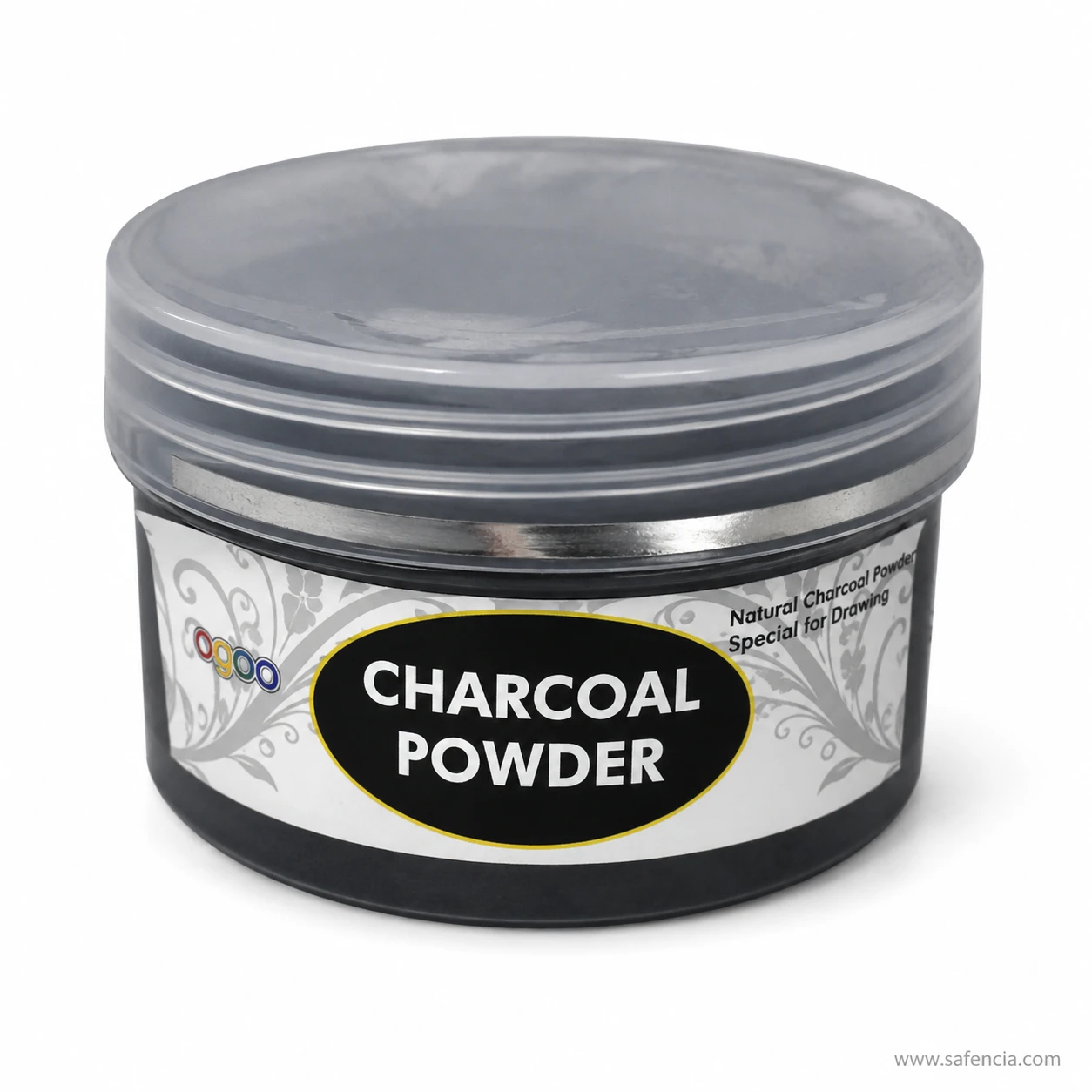 Angled view of the charcoal powder jar showing the clear screw lid