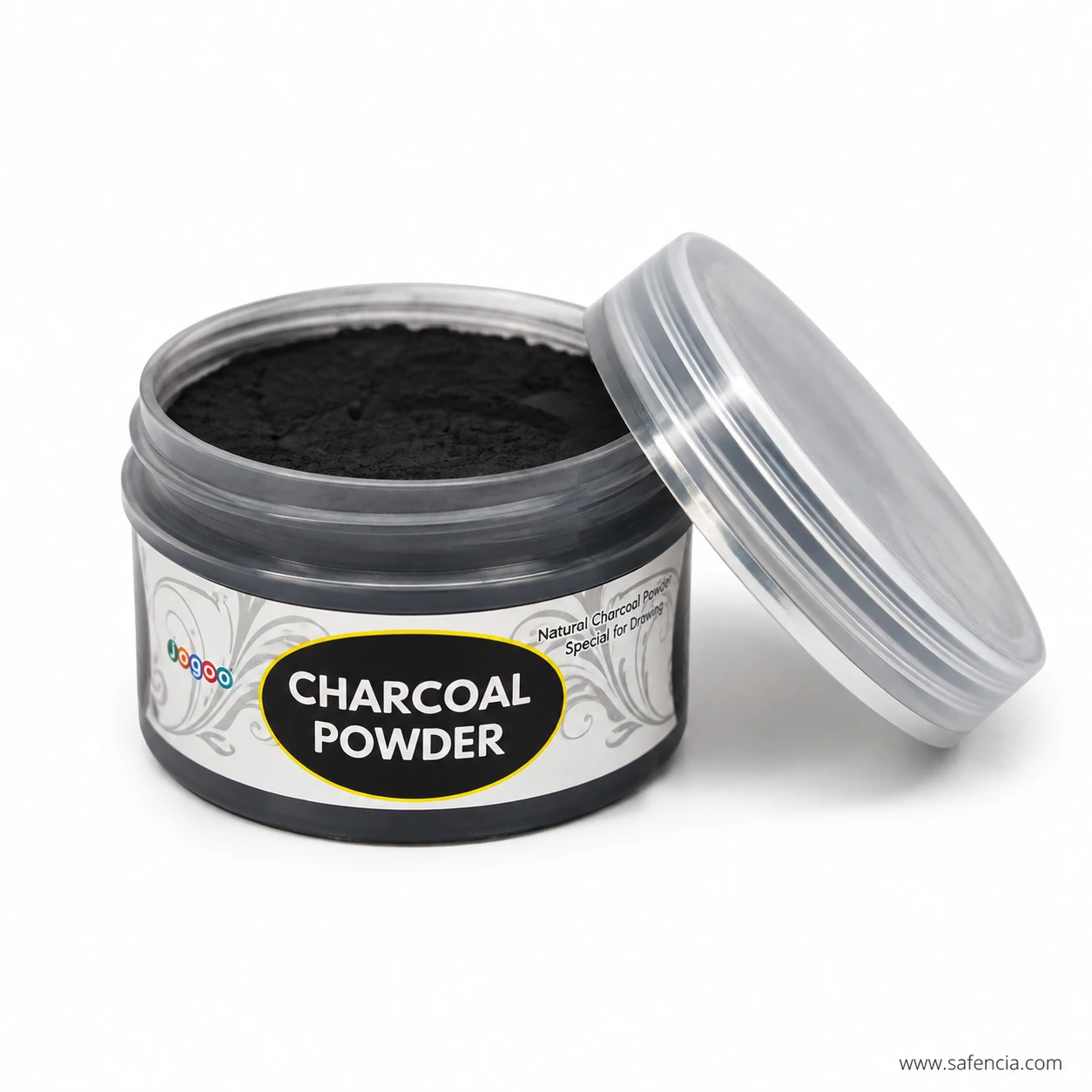 Charcoal powder jar open with the lid beside it showing the black powder inside