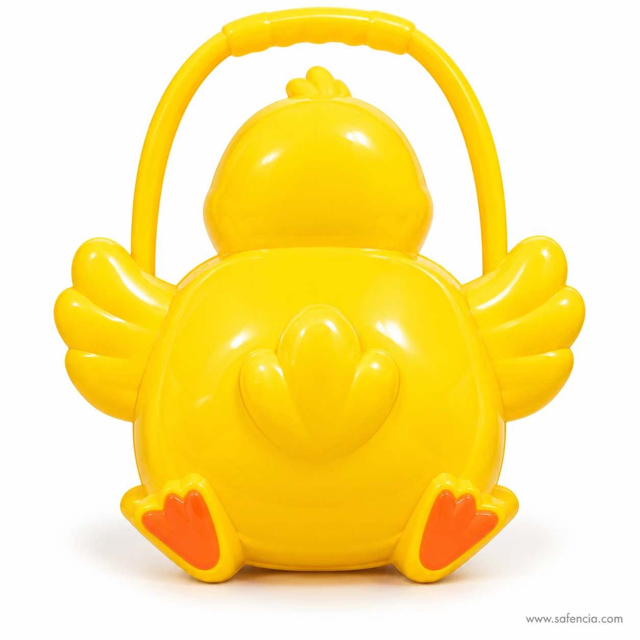 Back of the yellow duck basket cutting toy showing its wings, tail feathers and carry handle