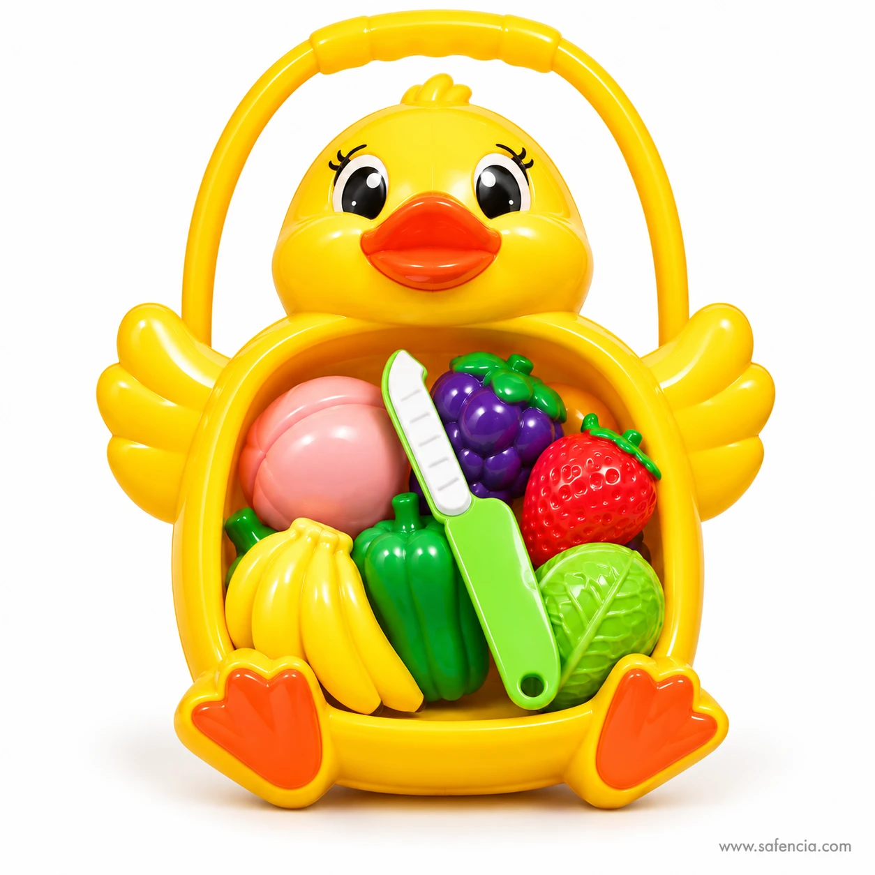 Front close-up of the duck basket cutting set with green pepper, banana, peach and grapes inside