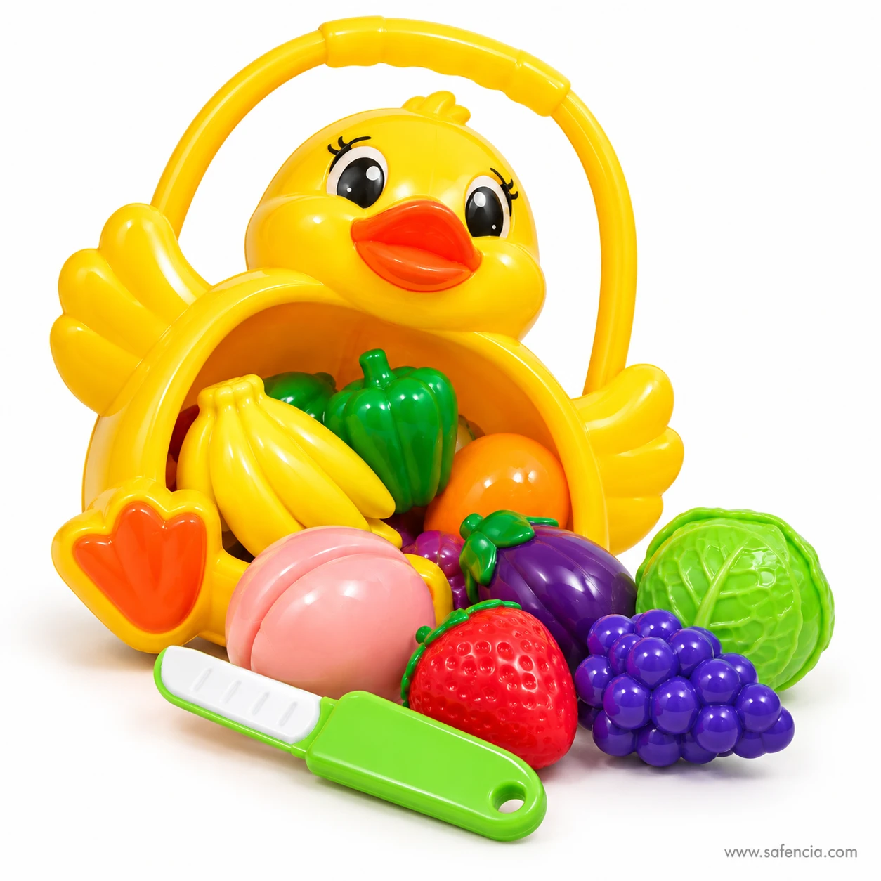 Duck basket tipped forward with velcro play fruit and vegetables spilling out beside the toy knife