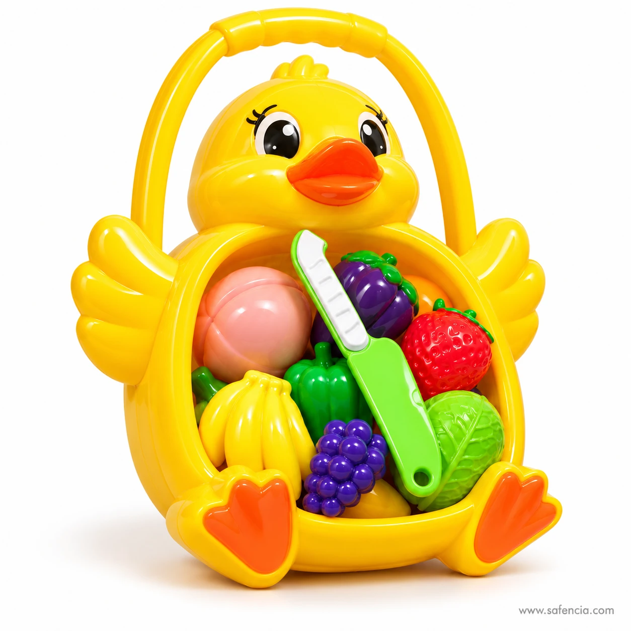 Duck basket cutting toy seen from the left with banana, grapes, strawberry and cabbage packed inside