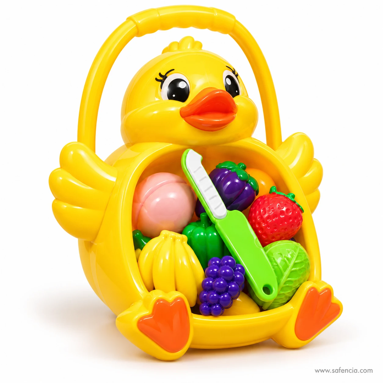 Duck basket cutting toy seen from the right with the green toy knife resting across the play food