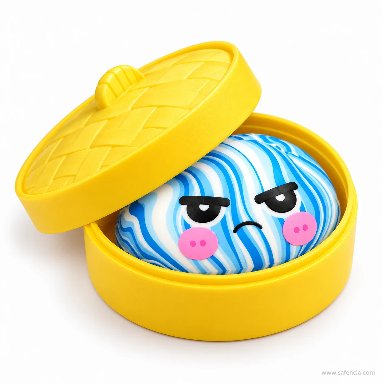 Close view of a blue swirl dumpling squishy with a grumpy face inside the yellow steamer case