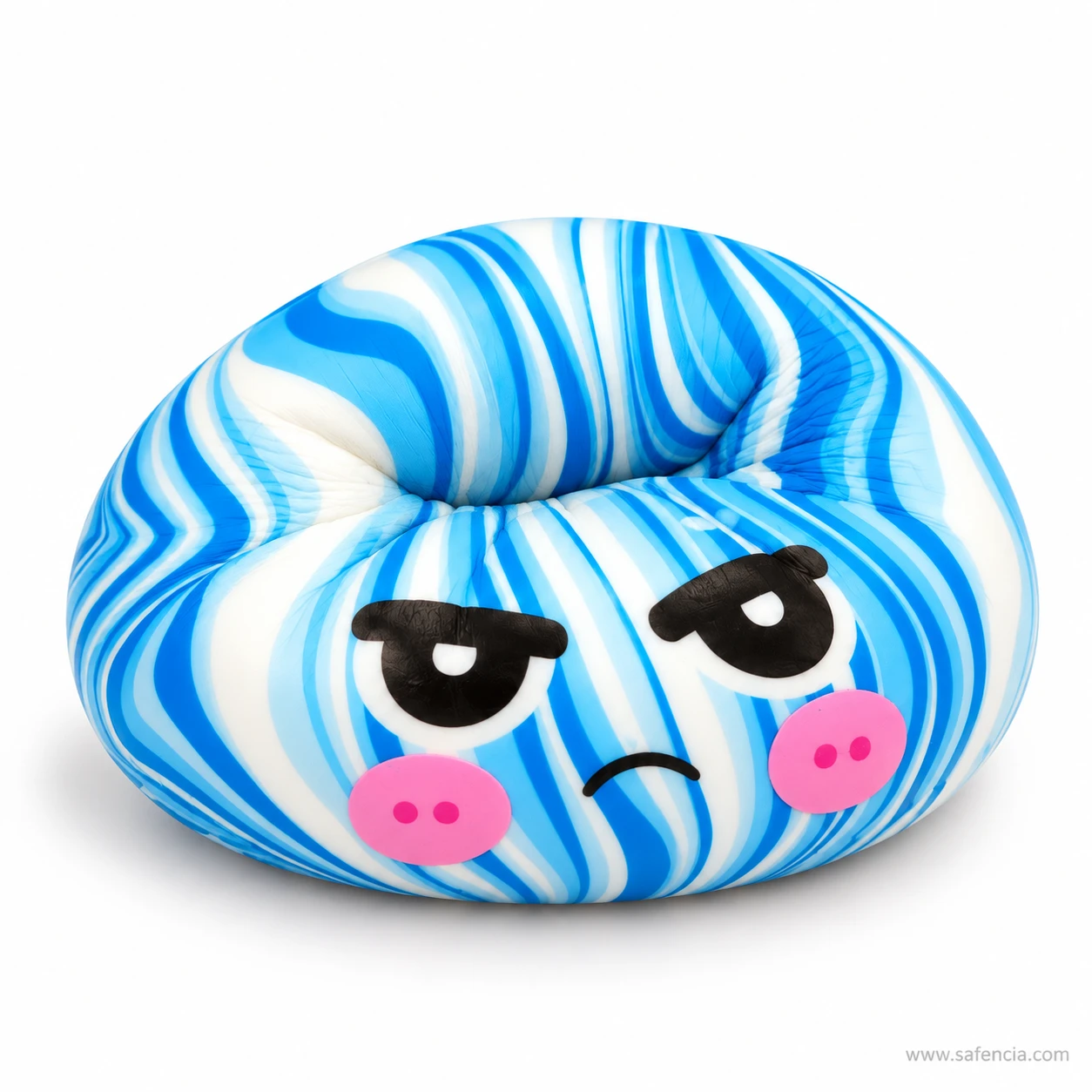 Blue and white swirl dumpling squishy pressed flat, its grumpy cartoon face stretched wide by the squeeze