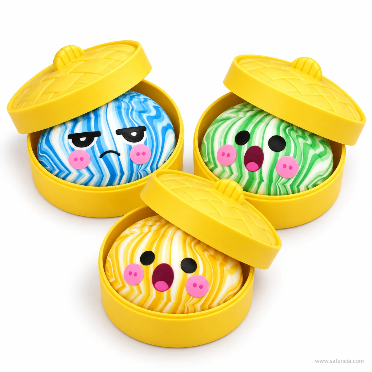 Blue, green and yellow swirl dumpling squishies each sitting in a lidded yellow steamer-basket case