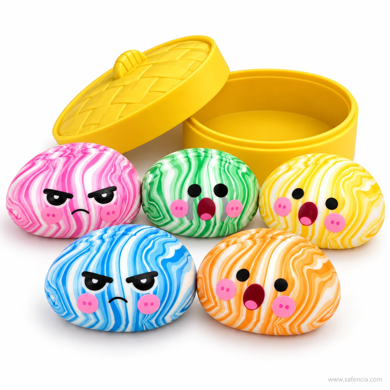 Five swirl dumpling squishies in pink, green, yellow, blue and orange grouped in front of an open steamer case