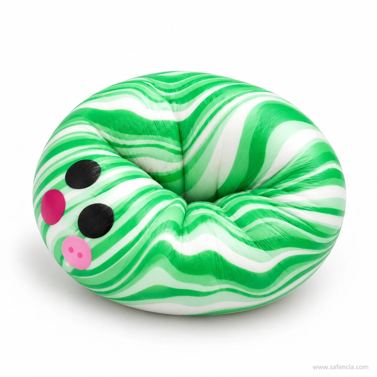 Green and white swirl dumpling squishy folded in on itself mid-squeeze with a surprised cartoon face