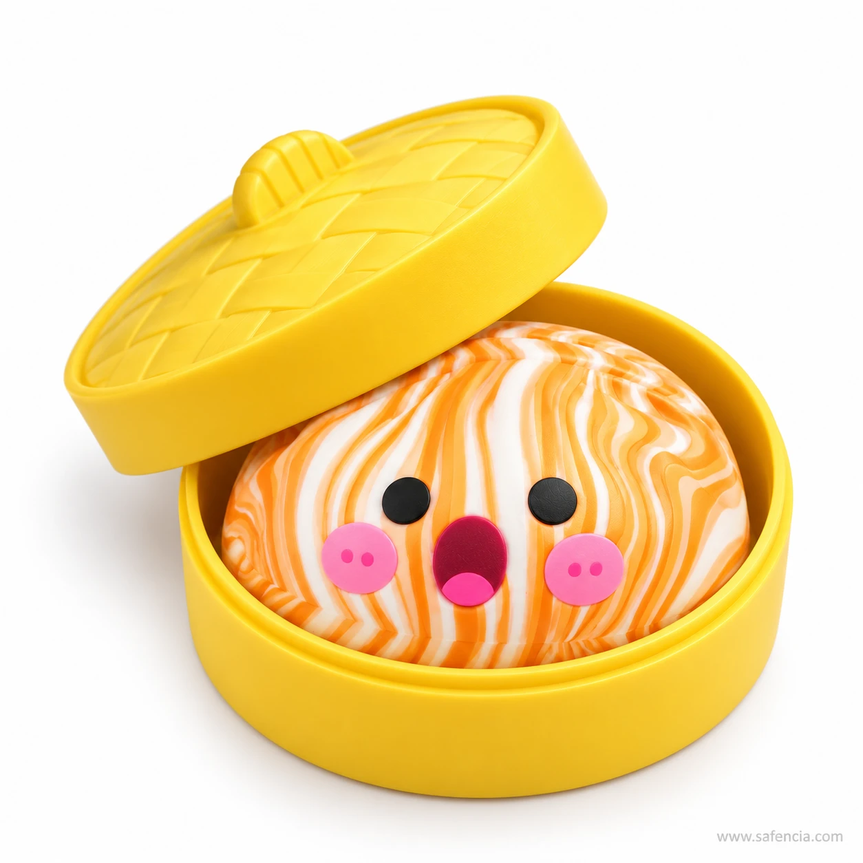 Orange and white swirl dumpling squishy with a surprised face sitting inside its yellow steamer case