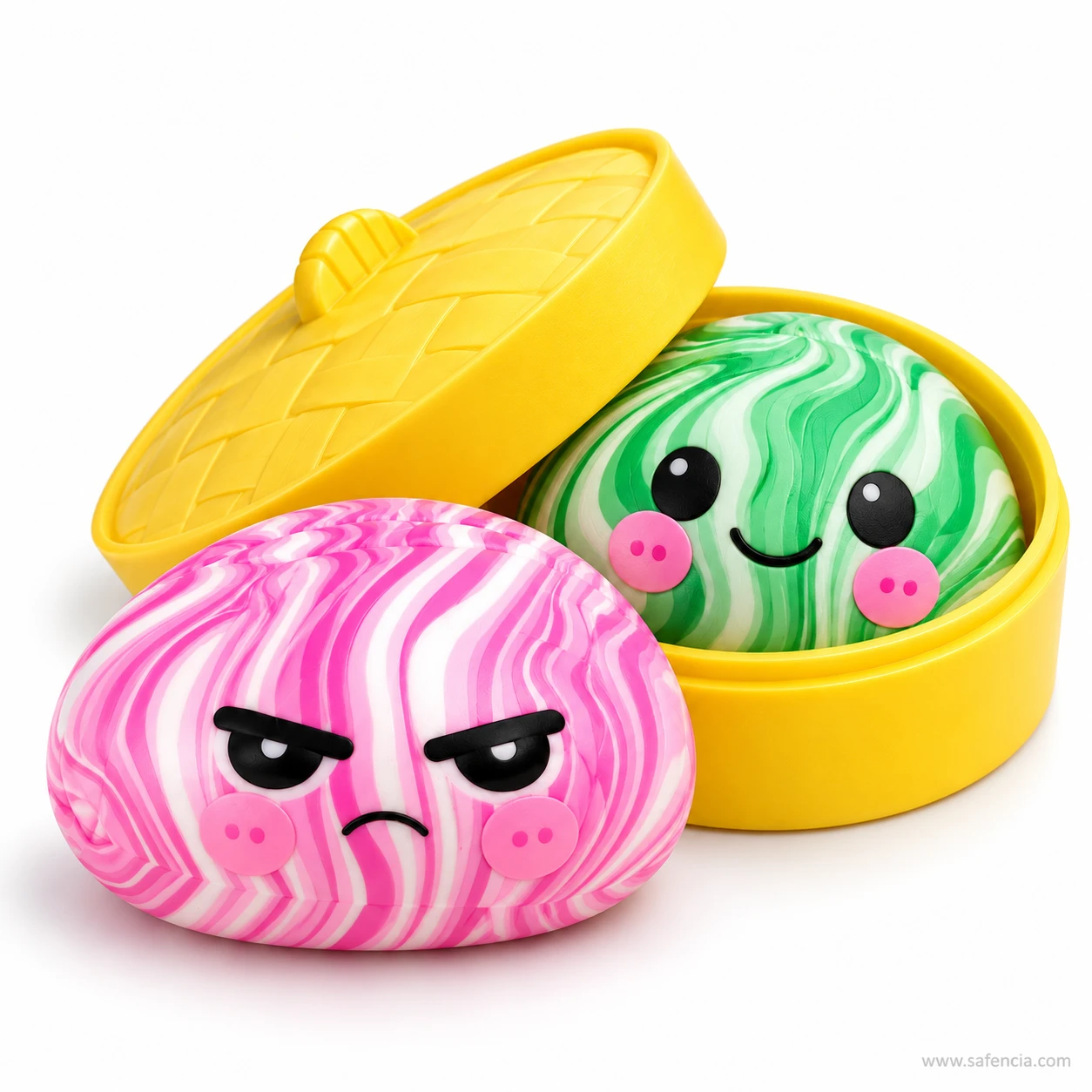 Pink dumpling squishy with a cross face in front of a smiling green dumpling squishy in a steamer case