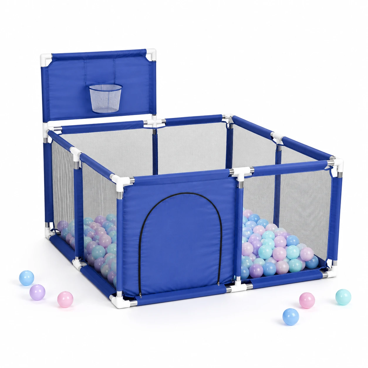 Blue baby playpen from the side with arched zip door closed and play balls inside the pen