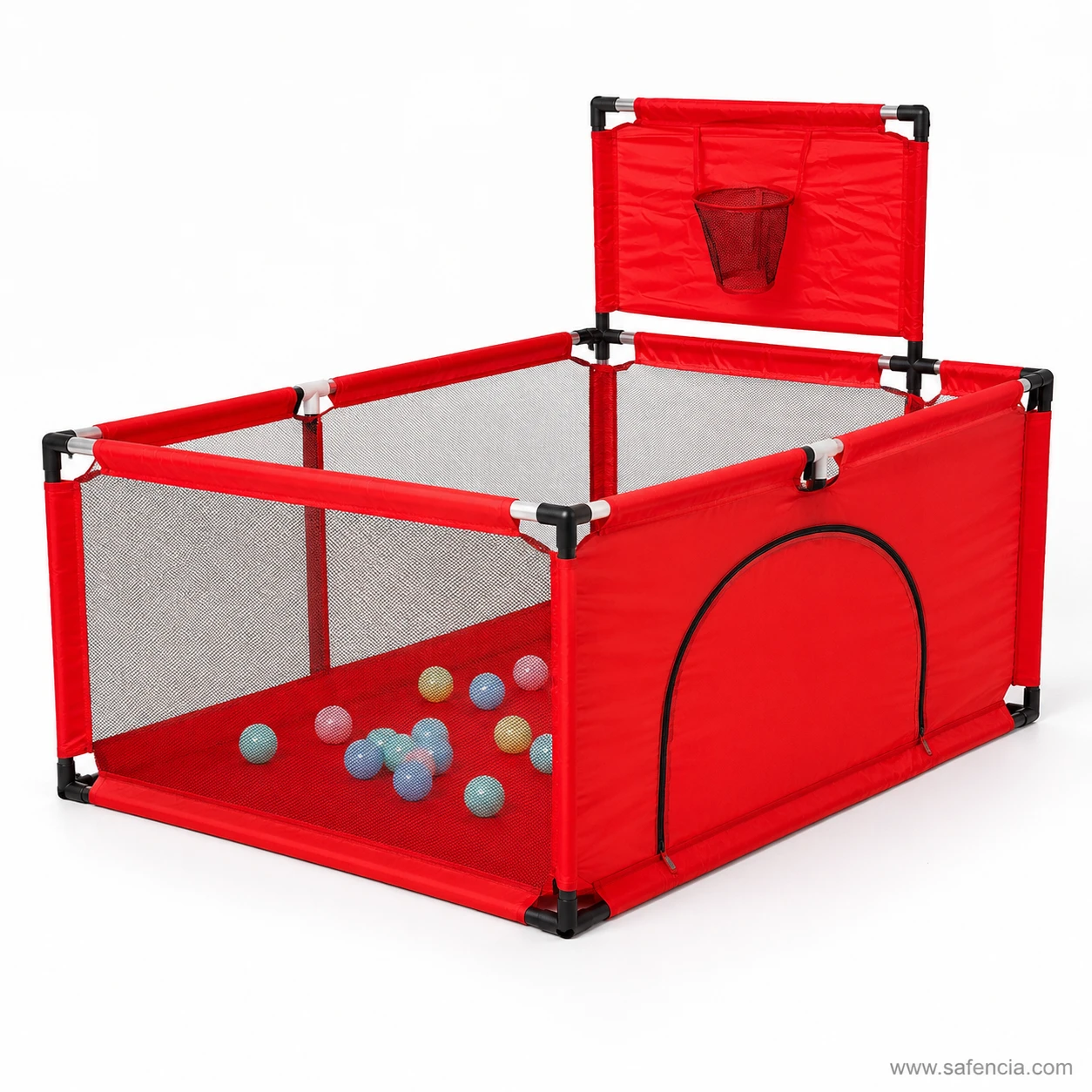Red baby playpen showing black corner connectors, metal rod frame, mesh walls and hoop backboard