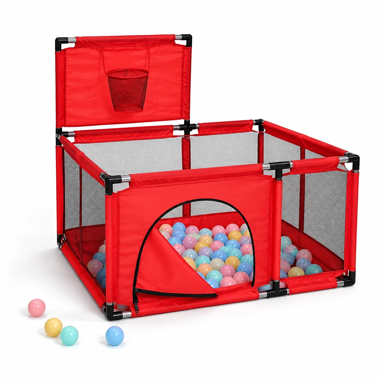 Red baby playpen front view with basketball backboard, zip door and colourful play balls inside