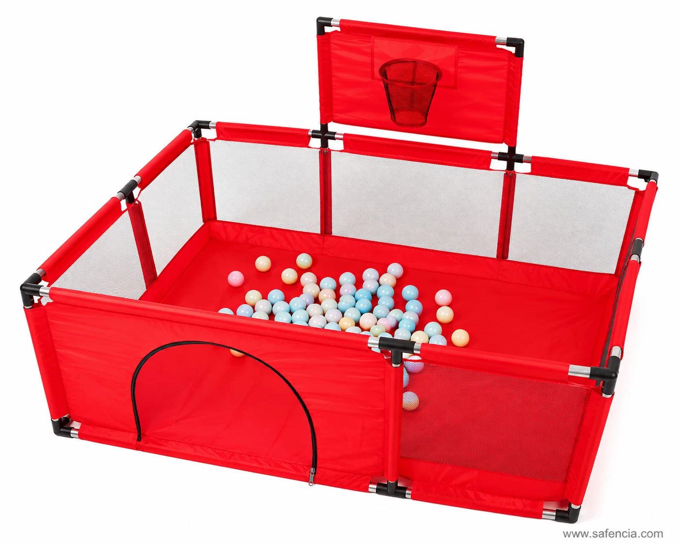 Red baby playpen with mesh panels, metal rod frame and a mesh basketball hoop on the backboard